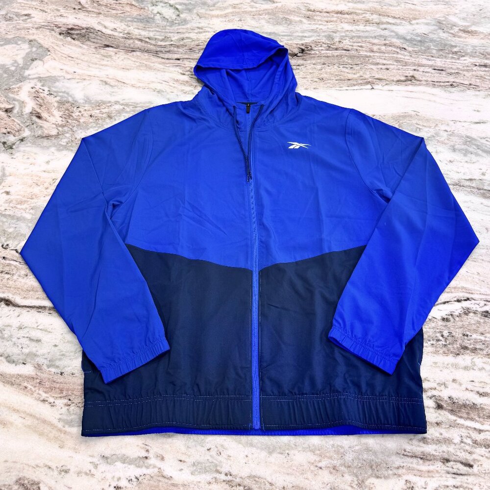 NWT REEBOK FULL ZIP TRAINING WOVEN JACKET REGULAR FIT BLUE COLOR BLOCK SIZE XL